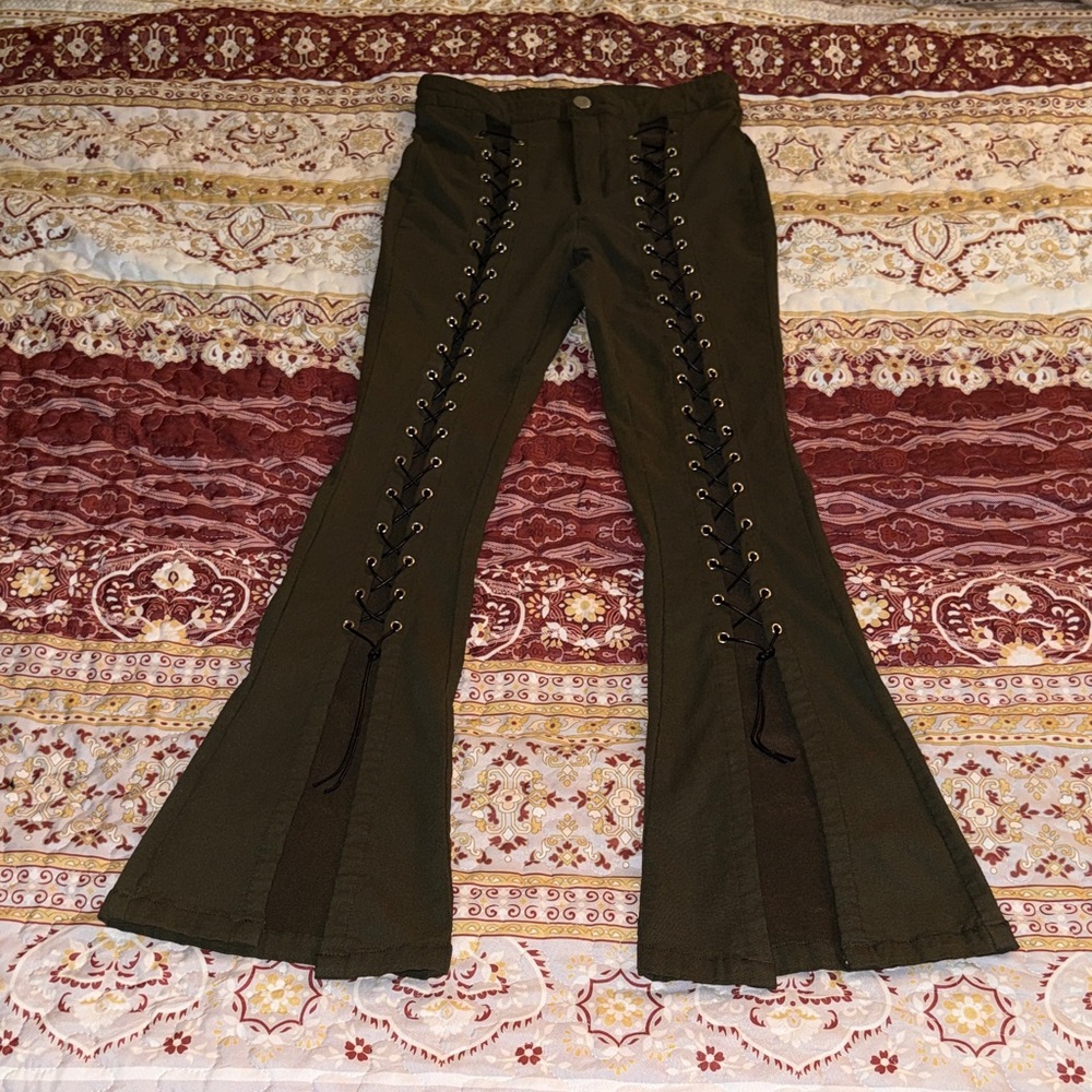 Olive Front Lace-Up Flare Pants
